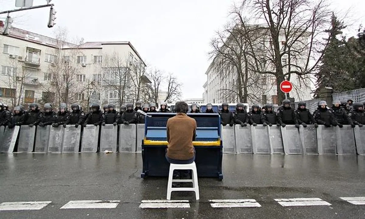 Markiyan Matsekh plays the piano for riot police in Kiev, 7 December 2013: ‘I took off my coat and started playing Chopin. It was about -15C, and my fingers could barely move. Not my best performance'.